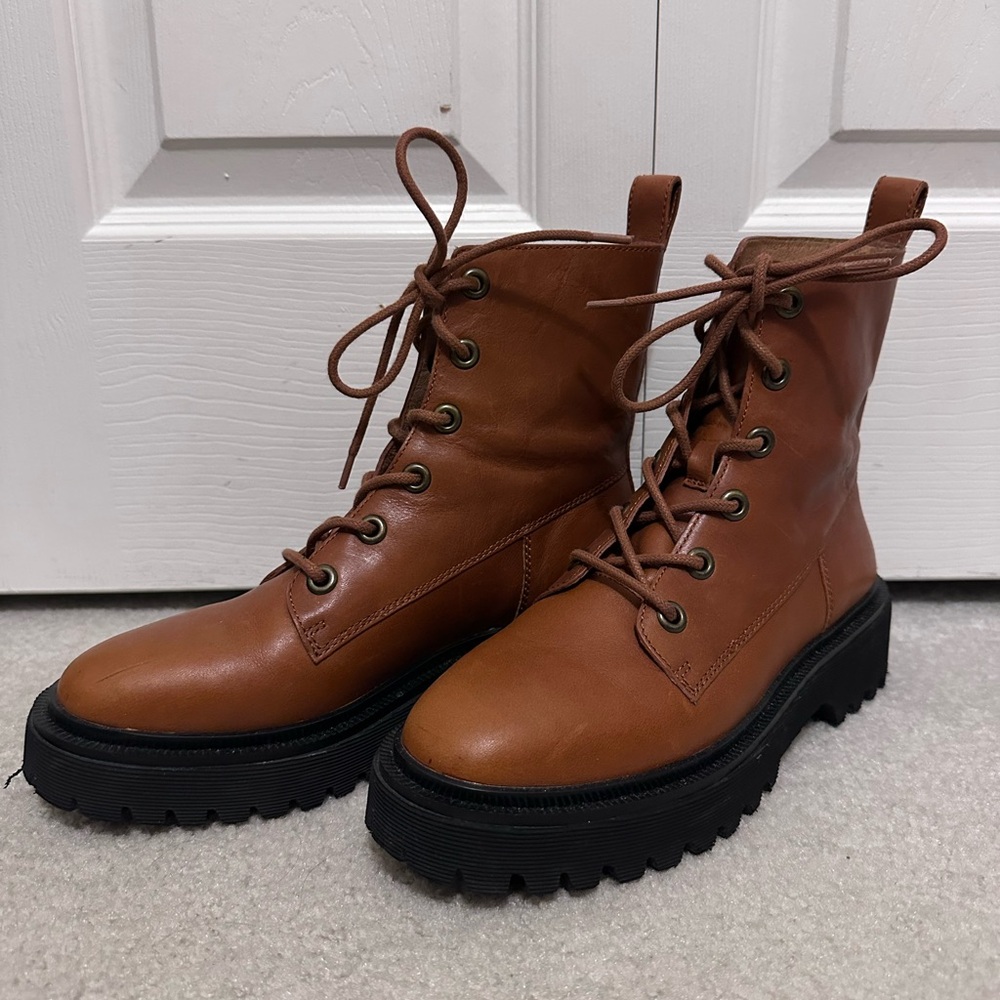 Madewell Chunky Lug Sole Brown Leather Lace-Up Combat Boots